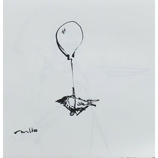 Contemporary Bird with Balloon Ink Wash Painting on Paper by Jose Trujillo For Sale