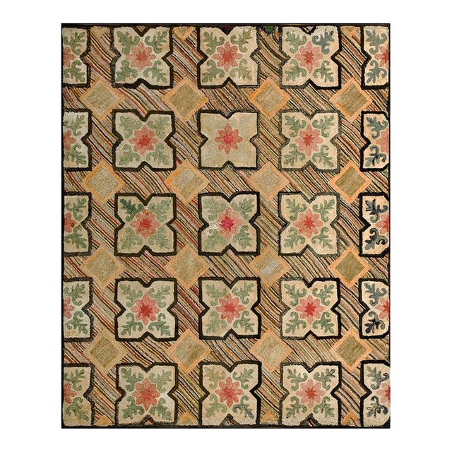 1890s Multicolored Geometric Antique American Hooked Rug 4'6" X 5'6" Handknotted Wool Carpet For Sale
