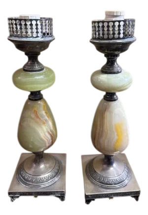 Silver and Green Onyx Bedside Lamps, 1980s, Set of 2