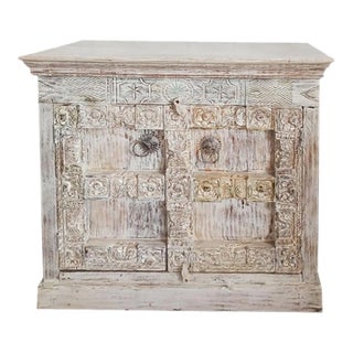 1920s Mid Century Carved White Doors Cabinet Chest, 38x36 For Sale