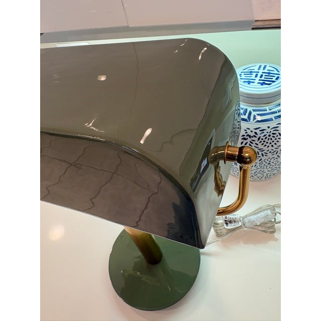 Army Green Contemporary Army Green Lacquer Brass Modern Banker Desk Lamp For Sale - Image 8 of 16
