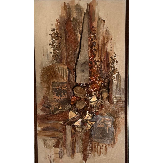 Mid-Century Modern wall art, 1960s-1970s mixed-media assemblage/collage art painting, original art signed “Anita”. The...
