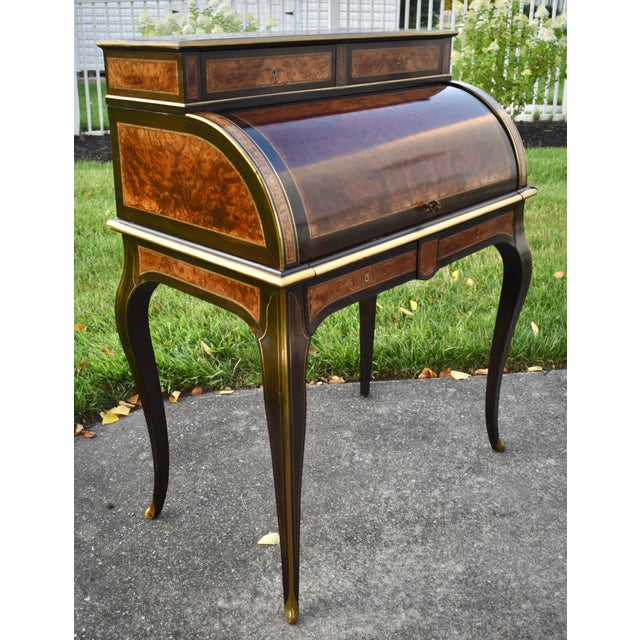 Antique French Walnut Desk Burl Brass Inlay Cylinder Roll Style Bureau Ormolu For Sale - Image 16 of 16