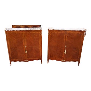 1920's Walnut French Louis XV Style Marble Top Bookcase China Bar Cabinets, 2 Pieces For Sale