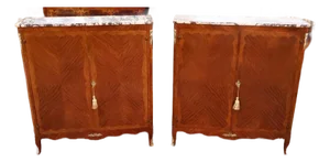 1920's Walnut French Louis XV Style Marble Top Bookcase China Bar Cabinets, 2 Pieces