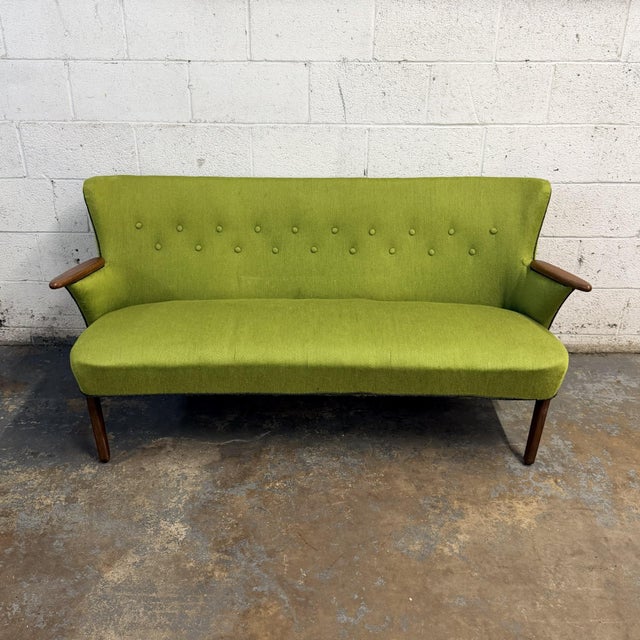 Vintage Danish Wingback Sofa With Teak Arms in the Manner of Kurt Olsen, Reupholstery Included For Sale - Image 11 of 13
