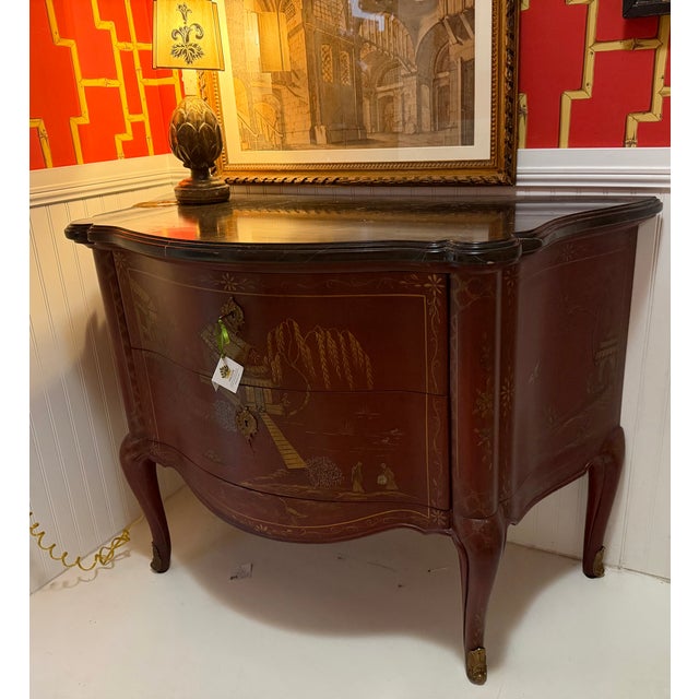 19th C Style E. J. Victor Red Chinoiserie & Black Marble Commode