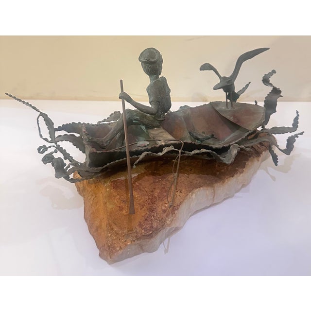 Metal 1970s Boy Fishing Figural Sculpture on Stone Base For Sale - Image 7 of 12