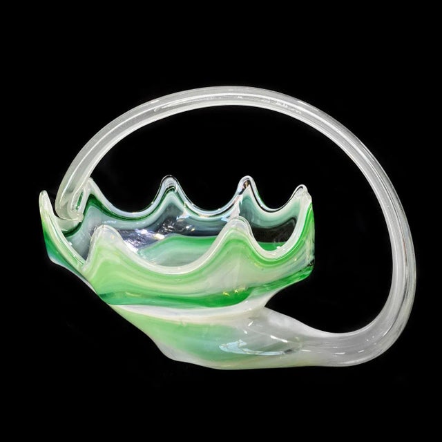 Vintage Murano Green Blown Art Glass Centerpiece Cornucopia Bowl W/ Handle For Sale - Image 10 of 10