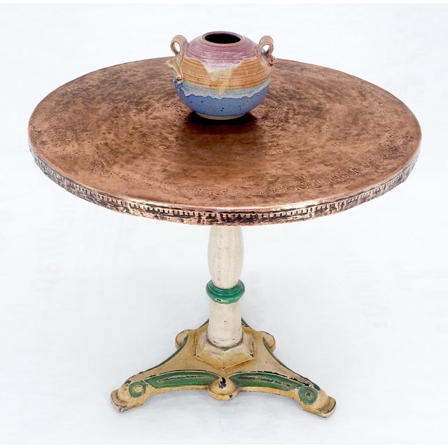 Copper Copper 33" Dia Round Top Gueridon Center Cafe Table on Paint Decorated Iron Base For Sale - Image 8 of 12