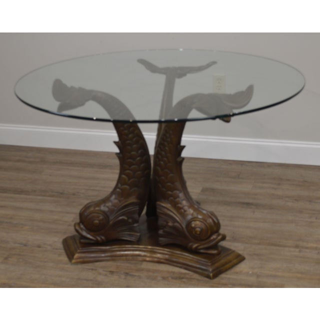 Italian Bronze Tri Dolphin Base Round Glass Top Dining or Center