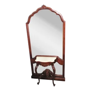 1950s Vintage Chippendale Style Carved Mahogany Floor Mirror With Marble-Top Console Table