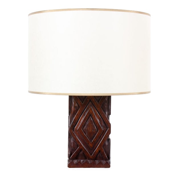 Vintage African Table Lamp in Hand-Carved Iroko Wood, 1950s For Sale