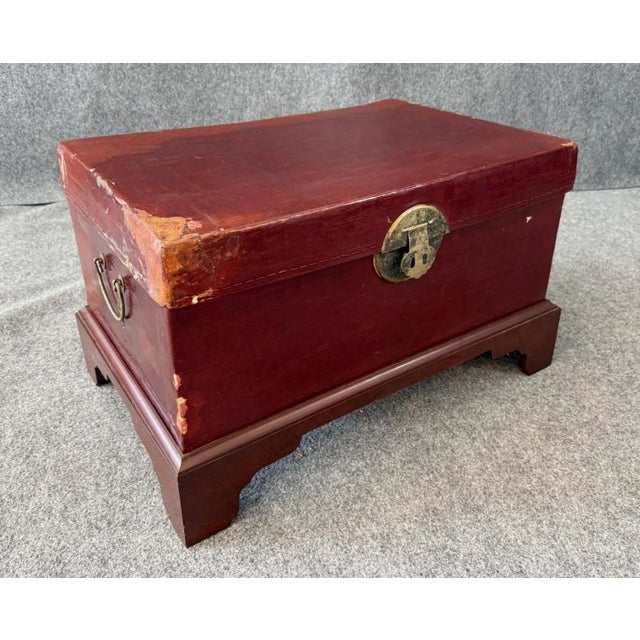 Traditional Mid 20th Century Red Leather Trunk on Wooden Stand For Sale - Image 3 of 16
