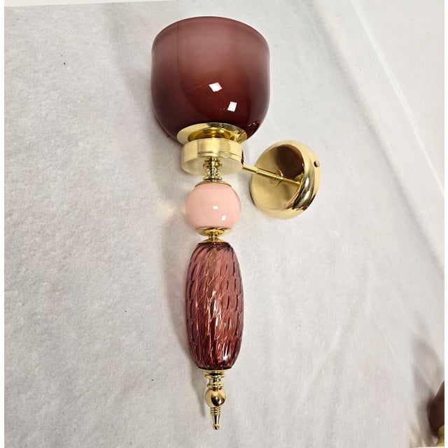 1990s Burgundy and Pink Murano Glass Sconces - a Pair For Sale - Image 4 of 10