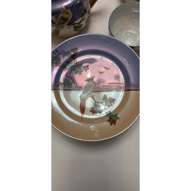 1960s Vintage Japanese Lusterware Tea Set With Bird Design Handpainted Collectible - 18 pcs For Sale - Image 5 of 7