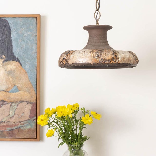 Lovely stoneware ceramic pendant light by Demstrup Keramik from Denmark, 1975. Hand-built stoneware ceramic shade with...