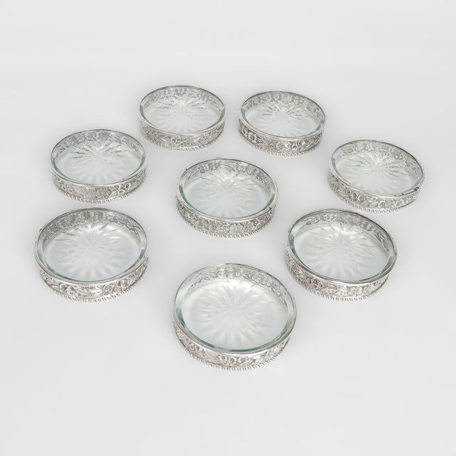 American Antique Set of 8 S. Kirk & Son Repousse Sterling Silver & Cut Glass Coasters For Sale - Image 3 of 18