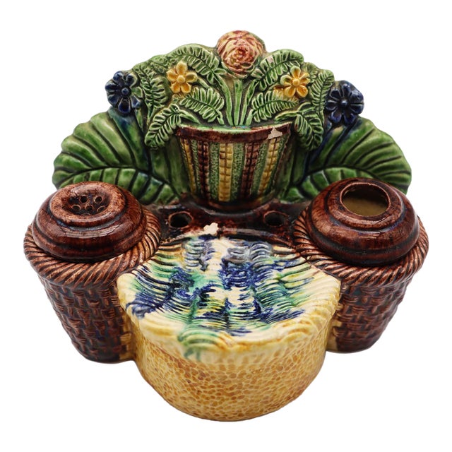 19th Century, Antique Portuguese Palissy Ware Inkwell, Earthenware, Manuel Mafra For Sale