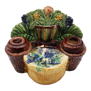 19th Century, Antique Portuguese Palissy Ware Inkwell, Earthenware, Manuel Mafra