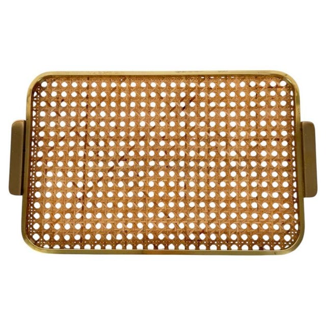 Mid-Century Modern Acrylic Glass, Brass and Cane Webbing Tray in the style of Christian Dior, 1970s For Sale - Image 18 of 18