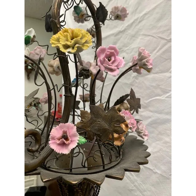Small French Cast Brass Basket Light With Original Porcelain Flowers. For Sale - Image 12 of 13