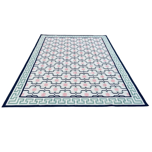 Not Yet Made - Made To Order Handmade Cotton Area Rug Cream, Green, Pink & Navy Blue Bordered Geometric Dhurrie - 10'x14' For Sale - Image 9 of 11