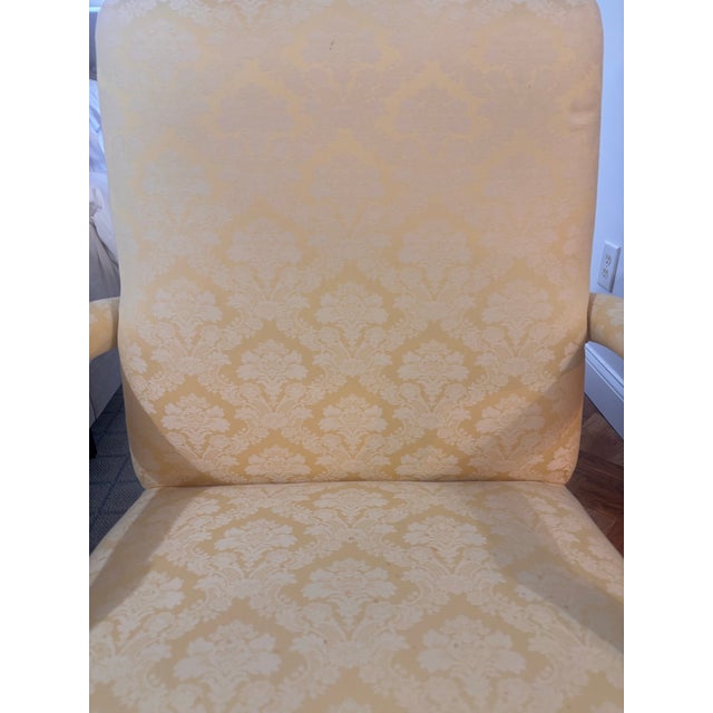 Traditional Pale Buttercream Yellow Damask Carved Mahogany Martha Washington Library Living Room Chairs, a Pair For Sale - Image 11 of 12