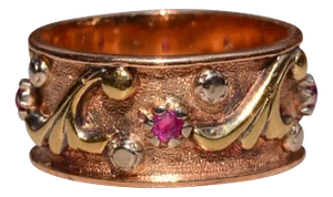 The Mueller: Ladies Retro 14K Tricolor Wide Band set with Rubies