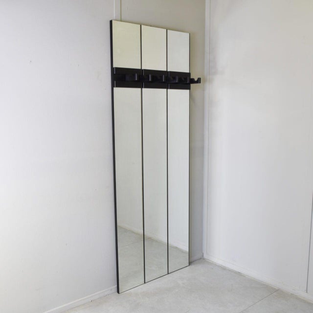 Mid-Century Modern Italian Mirror Coat Rack on Three-Panel Glass and Black Lacquered Wood, 1980s For Sale - Image 3 of 11
