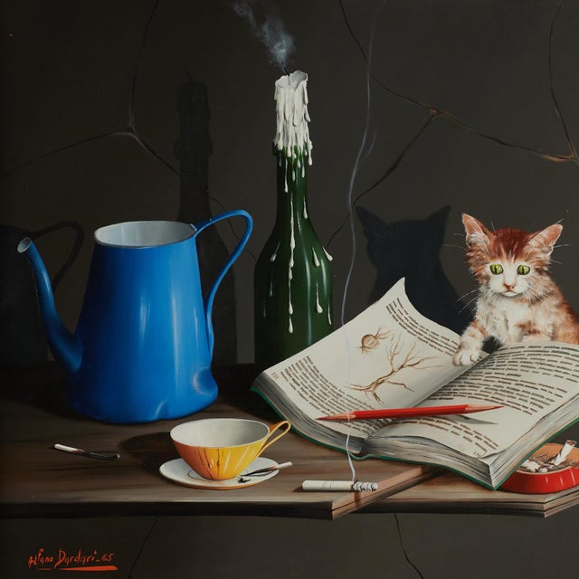 Mid-Century Modern Vintage Still Life Painting With Kitten by Alfano Dardari For Sale - Image 3 of 11