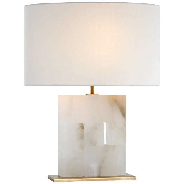 Ian K. Fowler for Visual Comfort Signature Ashlar Medium Table Lamp in Alabaster & Hand-Rubbed Antique Brass with Linen Shade For Sale