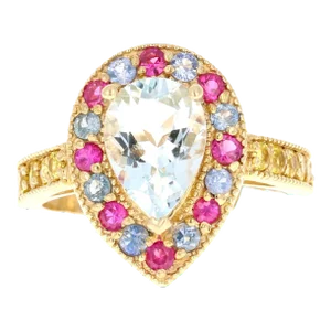 2.75 Carat Aquamarine Multi Color Sapphire Yellow Gold Cocktail Ring Size 7