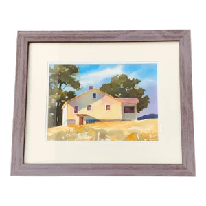 1990s American Farmhouse Watercolor Vermont Artist Painting, Framed