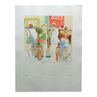 William Papas "Airport Telephones" Signed Numbered Hand Colored Etching #54/100 For Sale