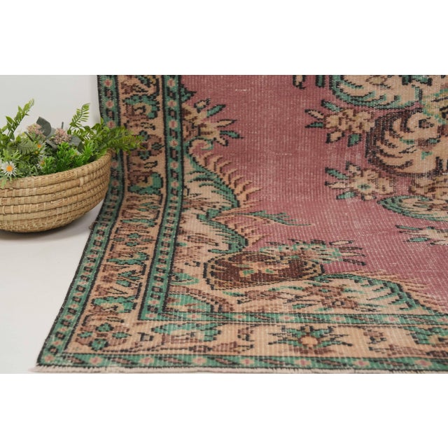 1970s Vintage Turkish Handmade Wool Cotton Pink Area Rug For Sale - Image 4 of 12