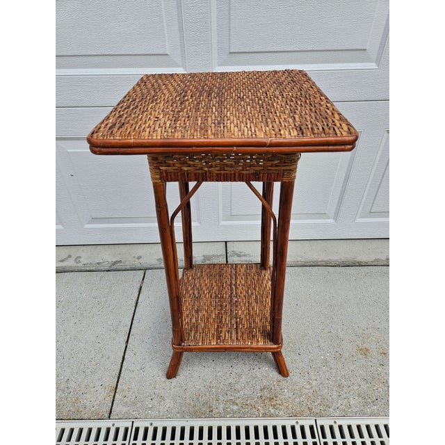 Contemporary Palecek Tall Square Woven Rattan Bamboo Side Table For Sale - Image 3 of 13