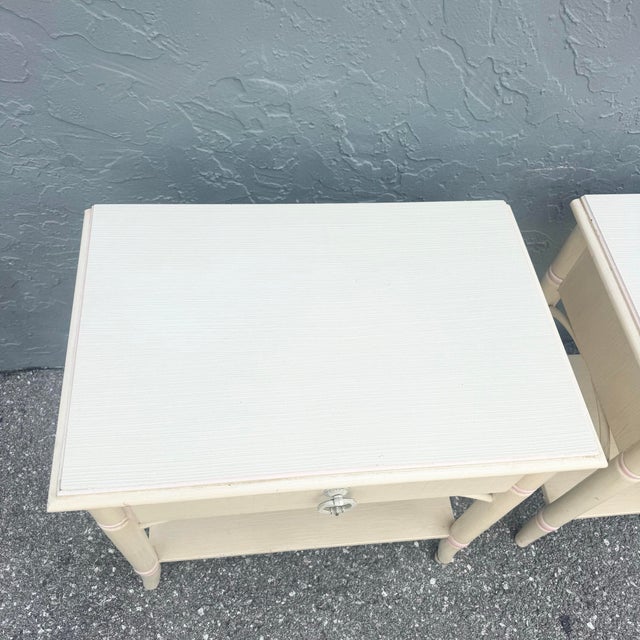 Ornamental & Decorative Materials Vintage Coastal Faux Bamboo Cream and Pink Nightstands by Thomasville - A Pair For Sale - Image 7 of 9