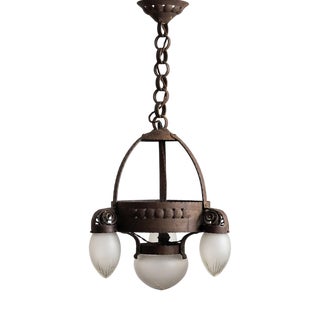 Early Swedish Modern Ceiling Pendant Chandelier Lamp in Iron & Glass by Böhlmarks, 1910s For Sale