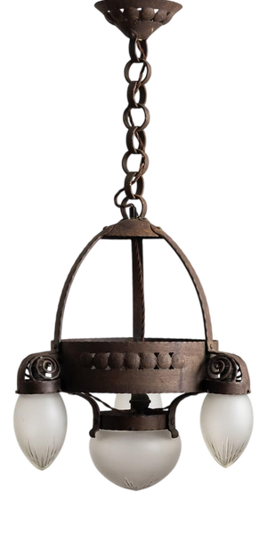 Early Swedish Modern Ceiling Pendant Chandelier Lamp in Iron & Glass by Böhlmarks, 1910s