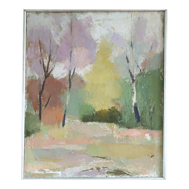 Mid-Century Modern 'Pastel Grove' Vintage Original Landscape Oil Painting, Framed For Sale