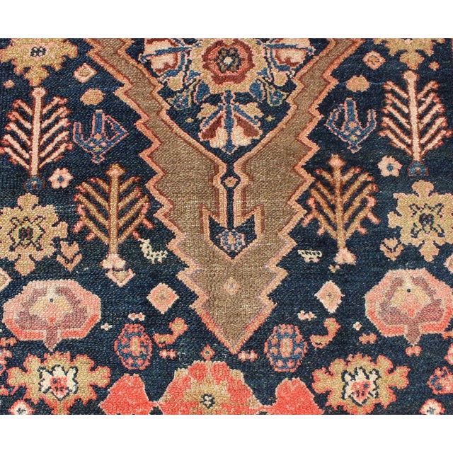 Tribal Medallion Design Antique Persian Serab Rug in Camel and Shades of Blue 3'3 X 6'3 For Sale - Image 10 of 13