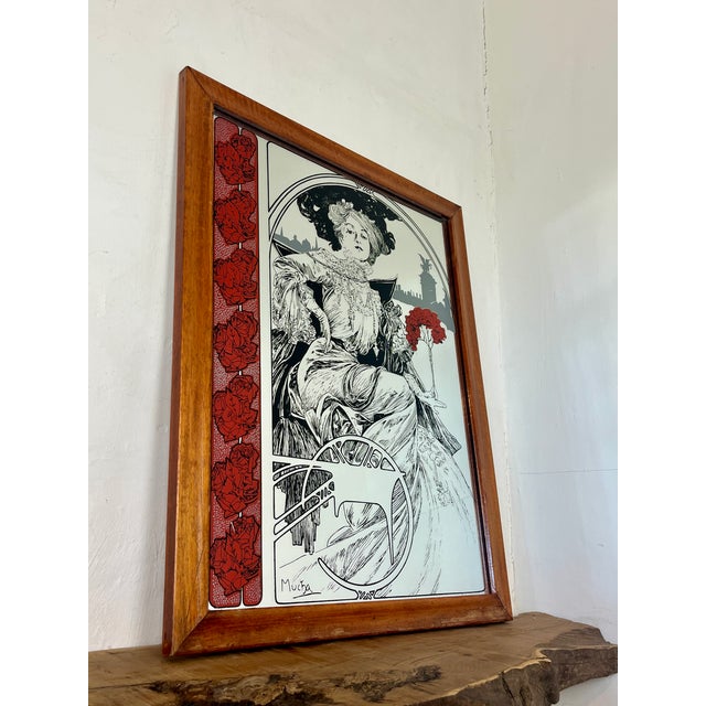Wood Vintage Art Nouveau Mirror with Christmas Noel Illustration by Alphonse Mucha, 1960s For Sale - Image 7 of 15