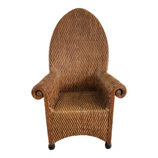 1950s Vintage Woven Rattan High Back Roll-Arm Chair For Sale