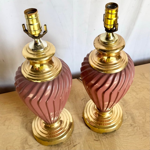 Postmodern Pink Glass Swirl and Gold Table Lamps - A Pair For Sale - Image 4 of 9