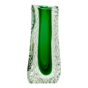 Hand Blown Murano Fluid Vase in Clear With Emerald Green and Bubble Details