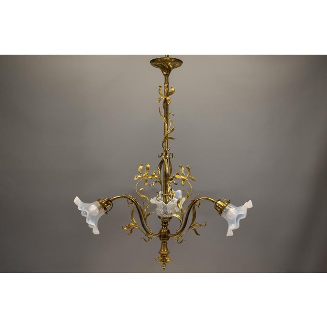 French Art Nouveau Opalescent Glass & Bronze Floral Chandelier, 1920 For Sale - Image 12 of 18