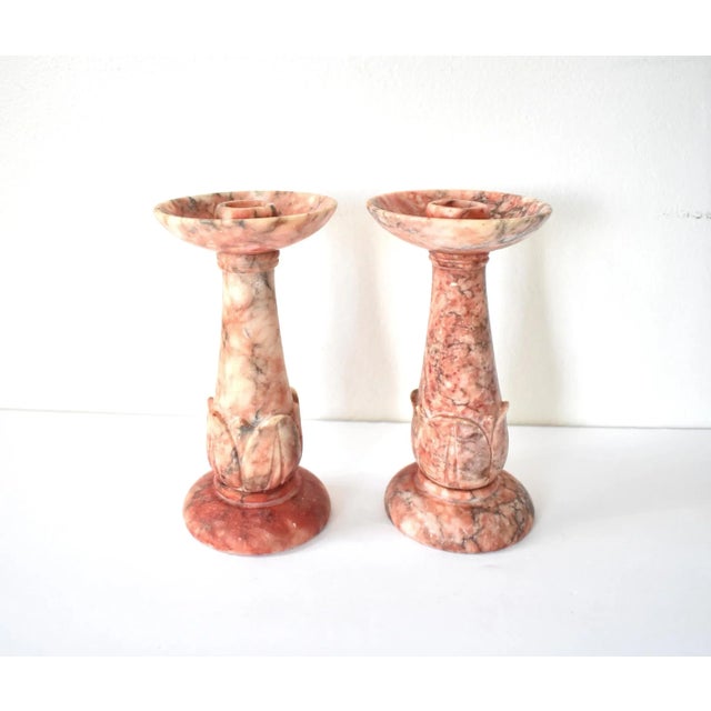 Mid 20th Century Pair of Vintage Italian Carved Griotte Marble Candlesticks For Sale - Image 5 of 13