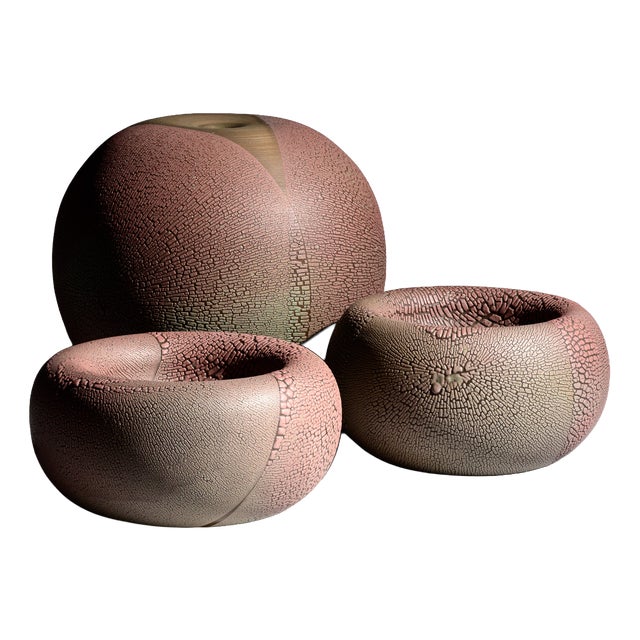 Reduction Glazed Ceramic Vase and Bowls by Mario Enke Studio Pottery, 1980s, Set of 3 For Sale