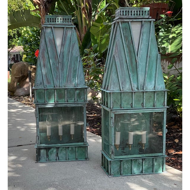Pair of Monumental Art Deco Style Verdigris Copper & Brass Wall Lanterns For Sale - Image 13 of 16